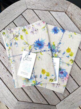 New Linen Tales Watercolor Flowers 100% Linen Kitchen Towels- Set of 2